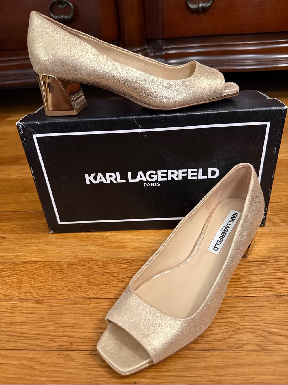 Karl Lagerfeld Women's Metallic Gold Open-Toe Block Heel Pumps